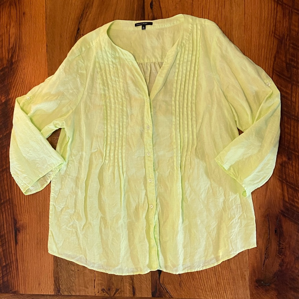 Chaus Sport 100% Linen Chartreuse Button Front Easy Breezy Shirt, Size XL